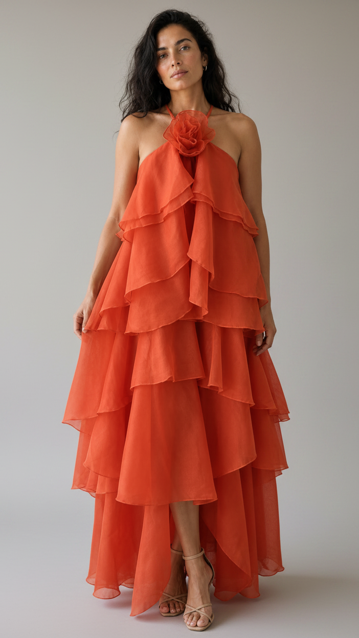 Vestido Syros | Organza en Capas con Flor Aplicada