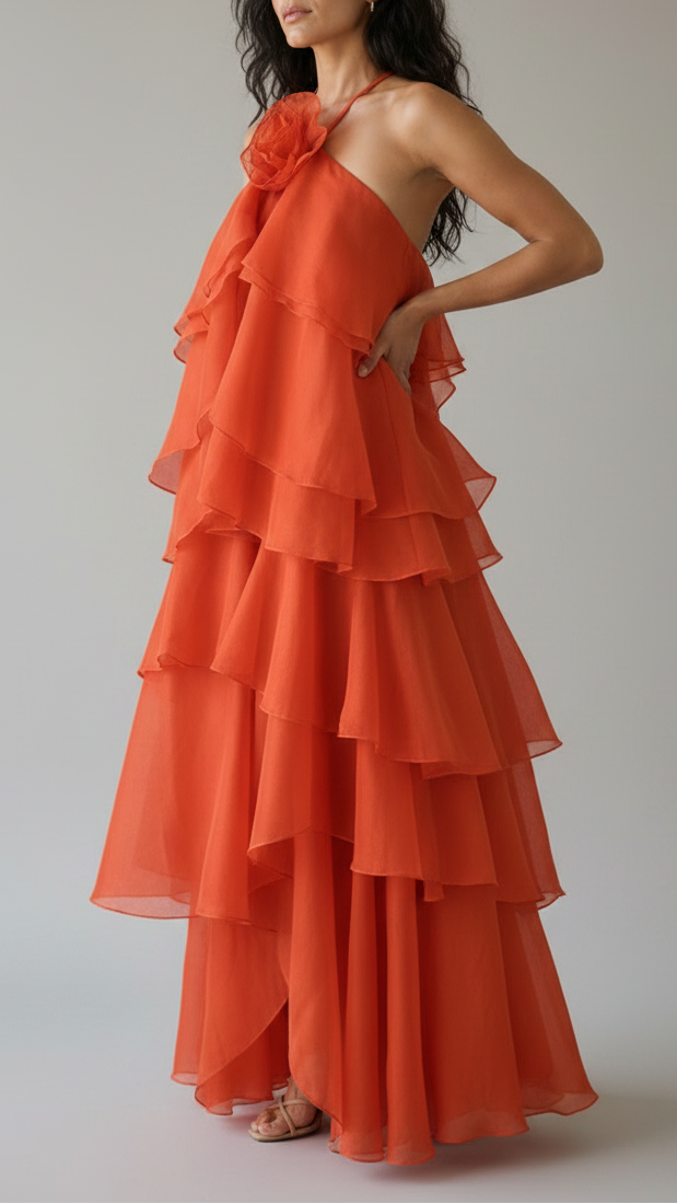 Vestido Syros | Organza en Capas con Flor Aplicada