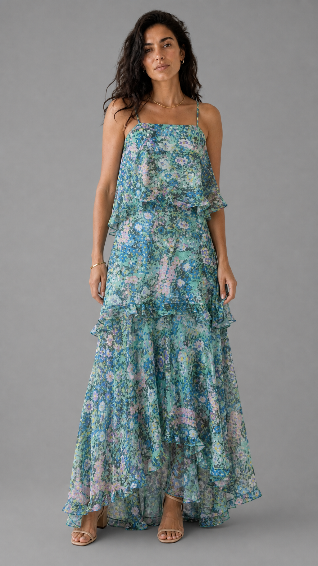 Vestido Paros | Largo de Gasa Floral en Capas