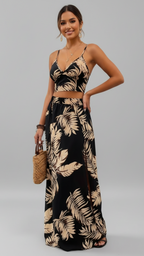 CONJUNTO ELEGANTE CON ESCOTE EN V Y ESTAMPADO TROPICAL