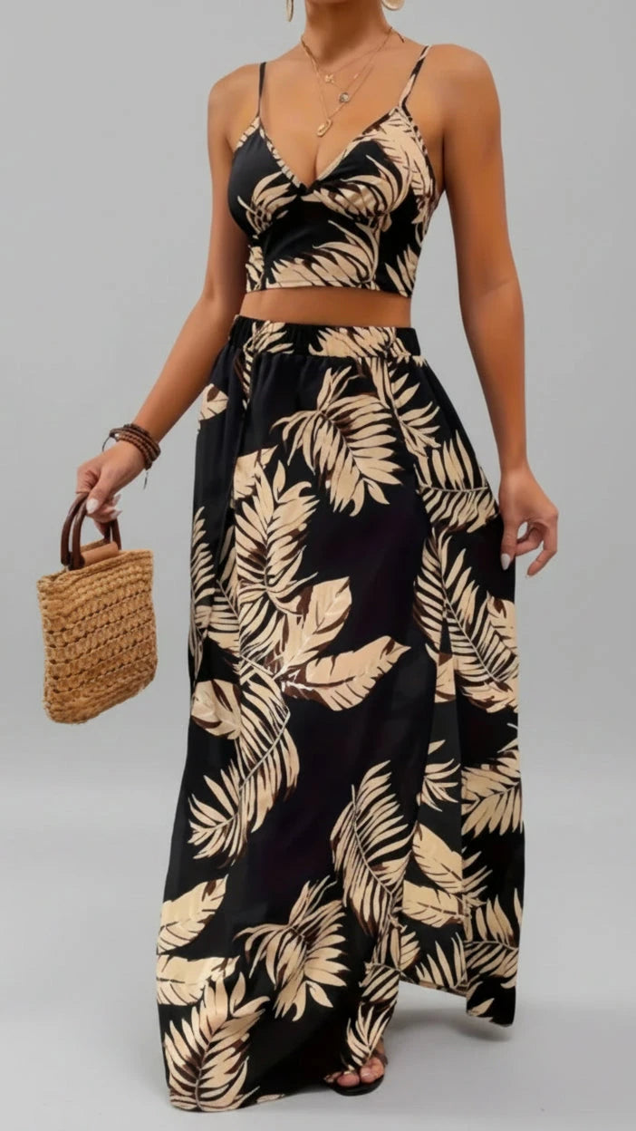 CONJUNTO ELEGANTE CON ESCOTE EN V Y ESTAMPADO TROPICAL