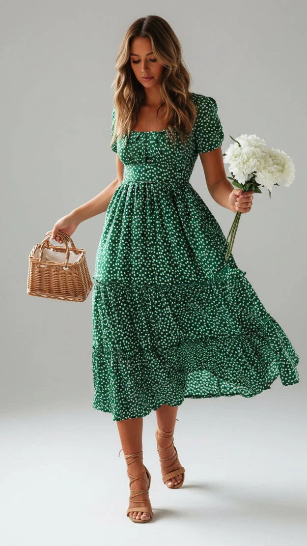 VESTIDO VINTAGE FLORAL CON MANGAS ABULLONADAS