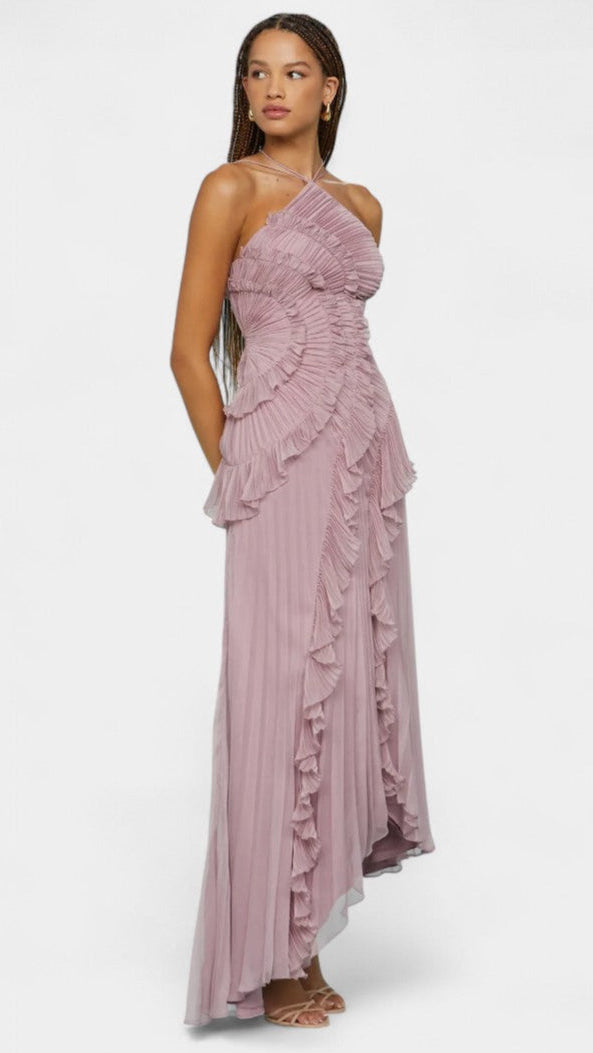 VESTIDO DE HALTER CON VOLANTES PLISADOS