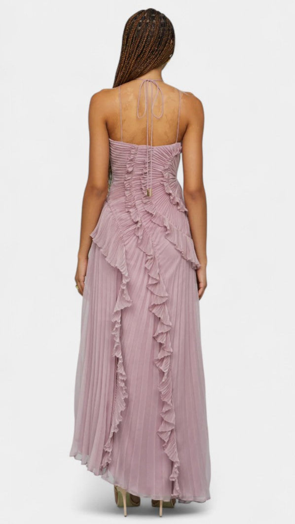 VESTIDO DE HALTER CON VOLANTES PLISADOS