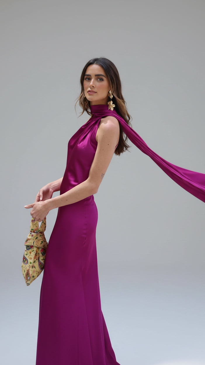 VESTIDO DE FIESTA SATINADO CON LAZO