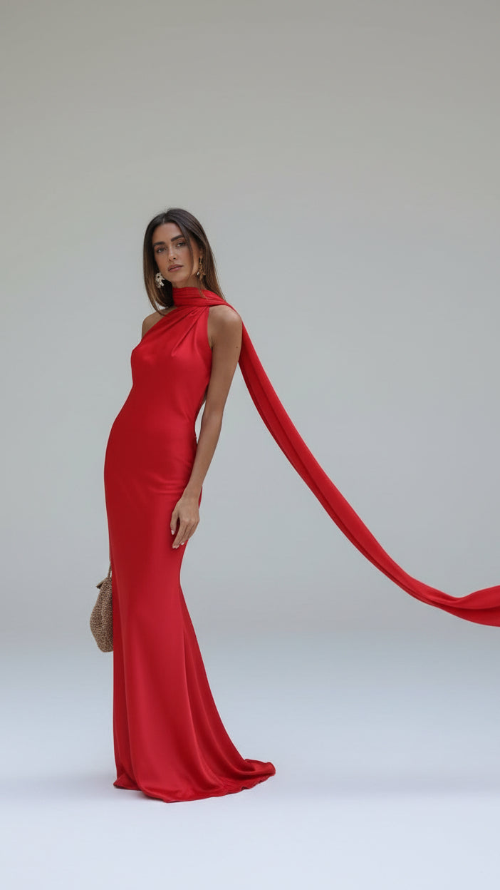 VESTIDO DE FIESTA SATINADO CON LAZO